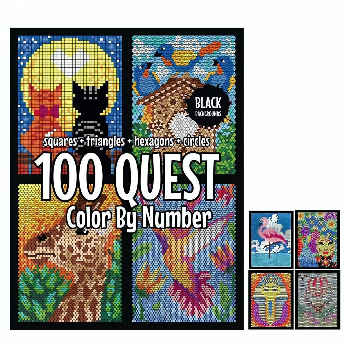 Digitales Ausmalbuchblatt mit 100 Quest Color by Number-Design aus Natur- und Tierdarstellungen.