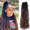 A woman with long, dark brown faux locs crochet hair extensions styled in a curly ombre look.