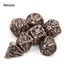 A set of coppery skull metal polyhedral dice used for tabletop role-playing games