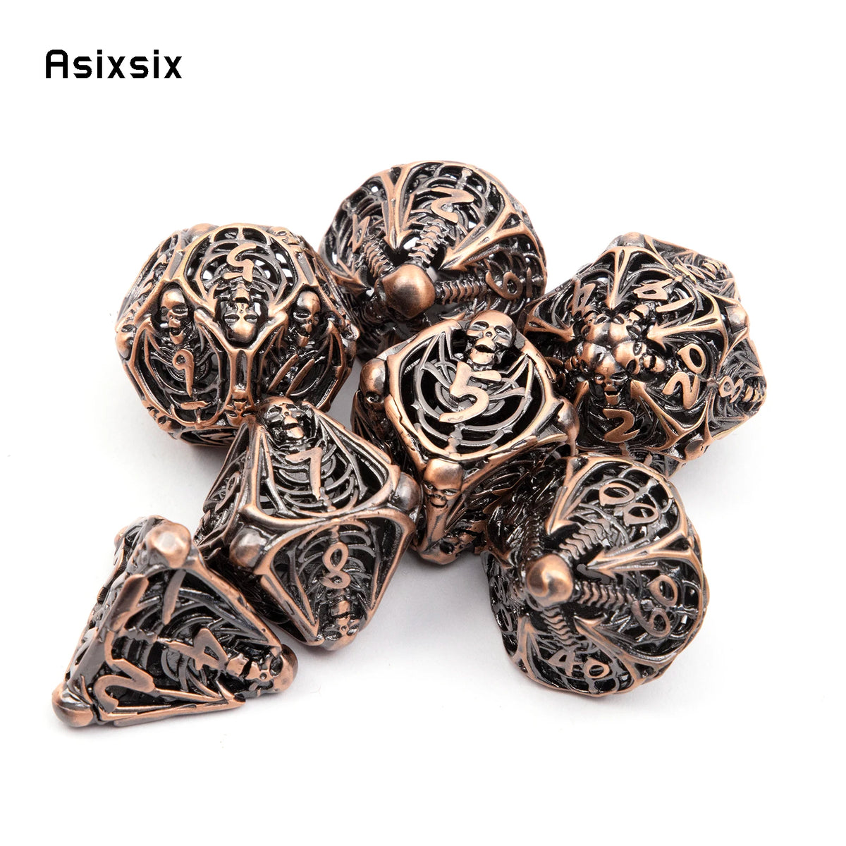 A set of coppery skull metal polyhedral dice used for tabletop role-playing games