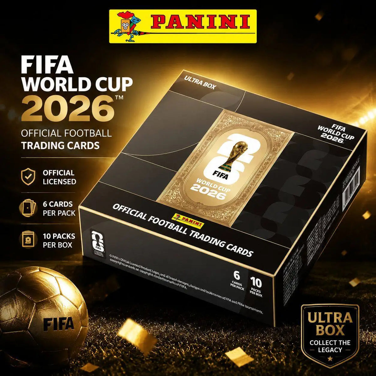 A box of FIFA World Cup 2026 official football trading cards with a soccer ball in the foreground.