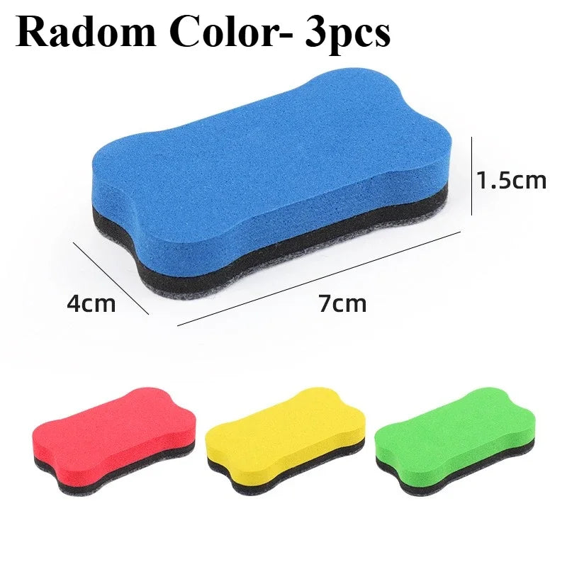 Three magnetic dry erase erasers in blue, red, and green are shown against a white background.