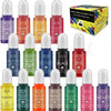 Collection de colorants liquides pour bougies dans diverses couleurs, y compris violet, orange, rouge et vert.