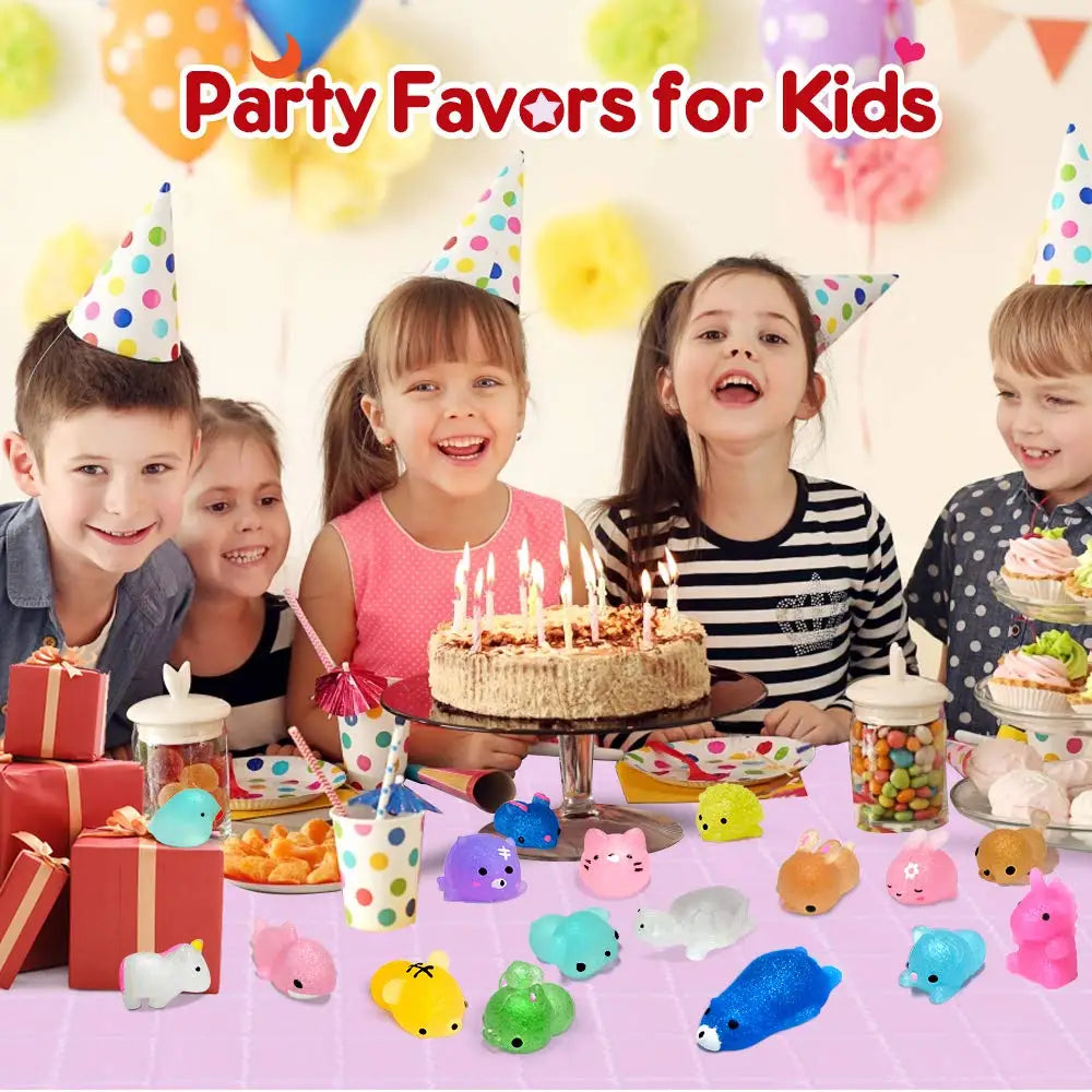 A collection of colorful mini kawaii mochi squishy toys and fidget items for kids party favors