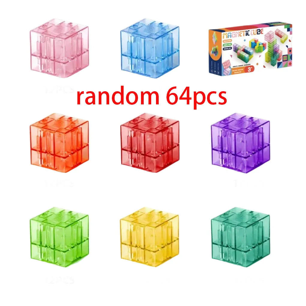 A collection of 64 transparent magnetic building blocks in various colors including pink, blue, red, and green.