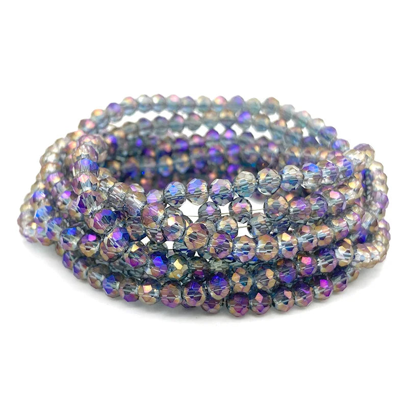 A bracelet made of iridescent purple and blue faceted crystal beads for jewelry making