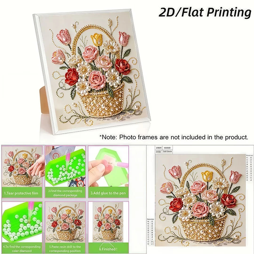 DIY diamond painting kit featuring a floral design on a framed canvas with instructions.