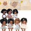 A set of three outfits for a 14-inch baby doll, including a beige top, a pink romper, and a white dress.