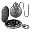 A steampunk dragon pocket watch dice case with a silver metal body and a chain, featuring seven small dice inside.