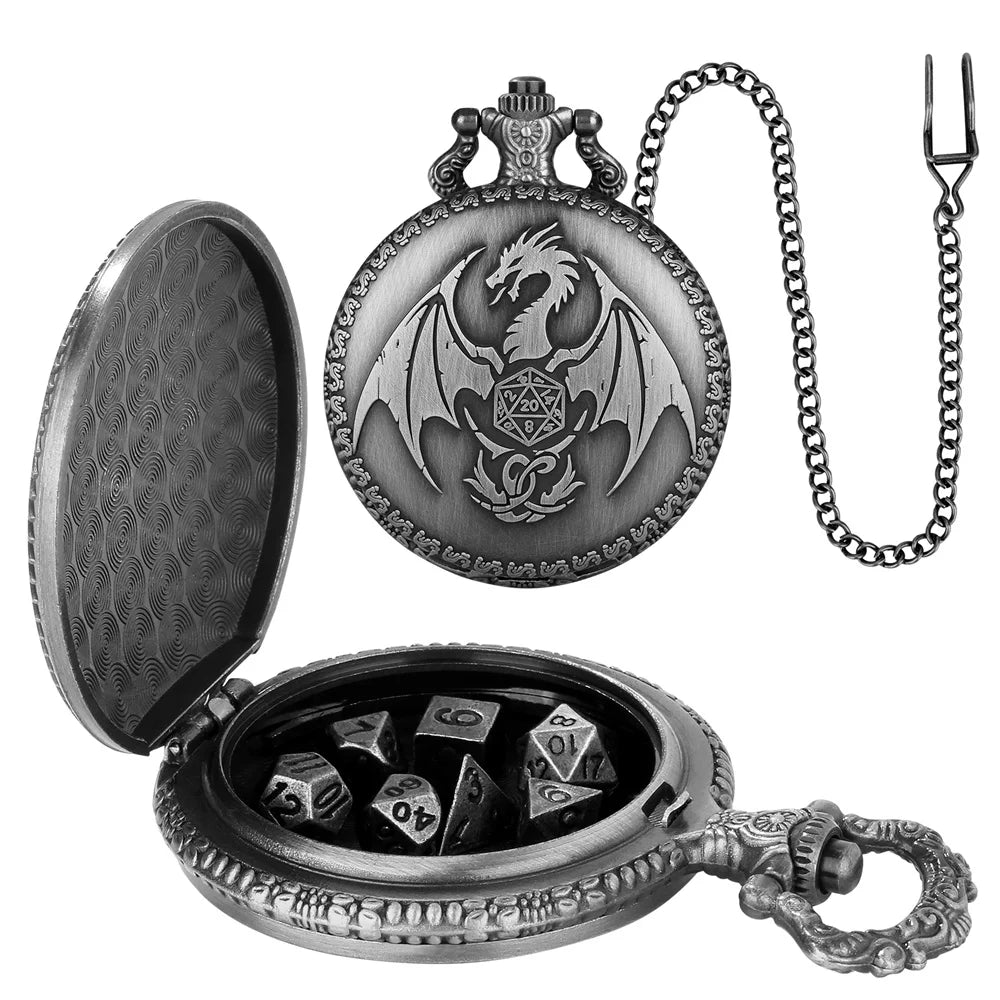 A steampunk dragon pocket watch dice case with a silver metal body and a chain, featuring seven small dice inside.