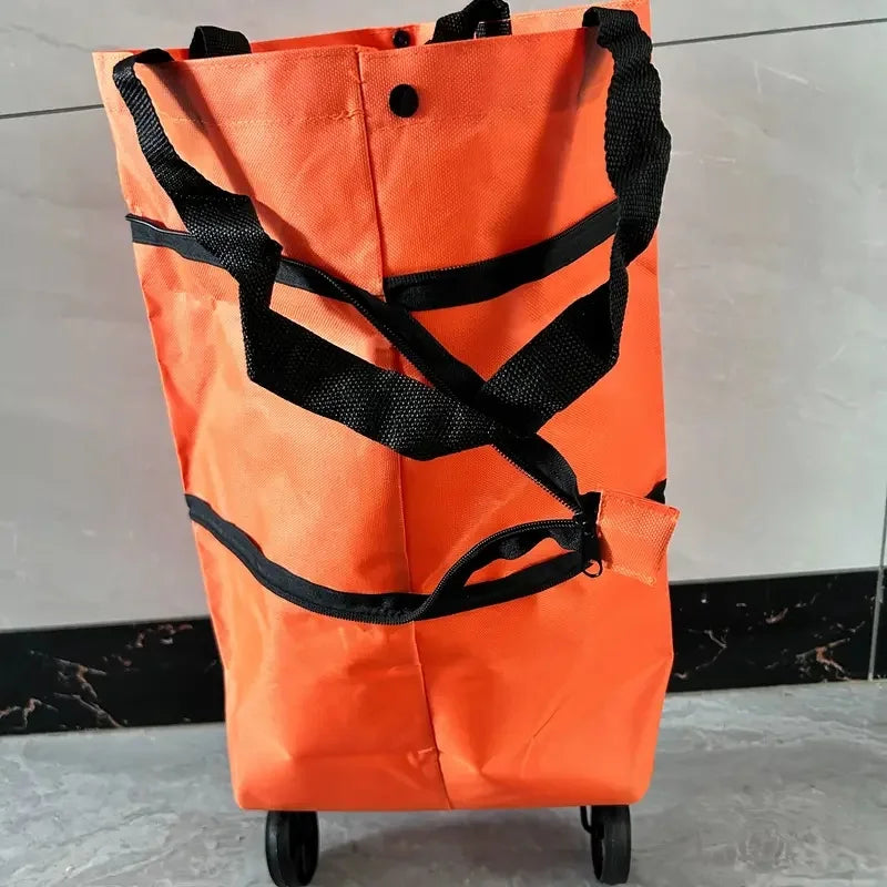 Orange foldable shopping cart with black straps and wheels