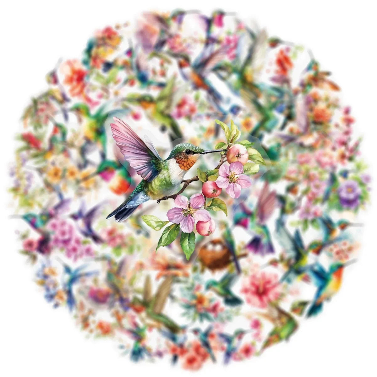 A watercolor illustration of a hummingbird among pink and green flowers.