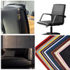 A black PU leather chair with a visible repair patch and a collection of fabric swatches.