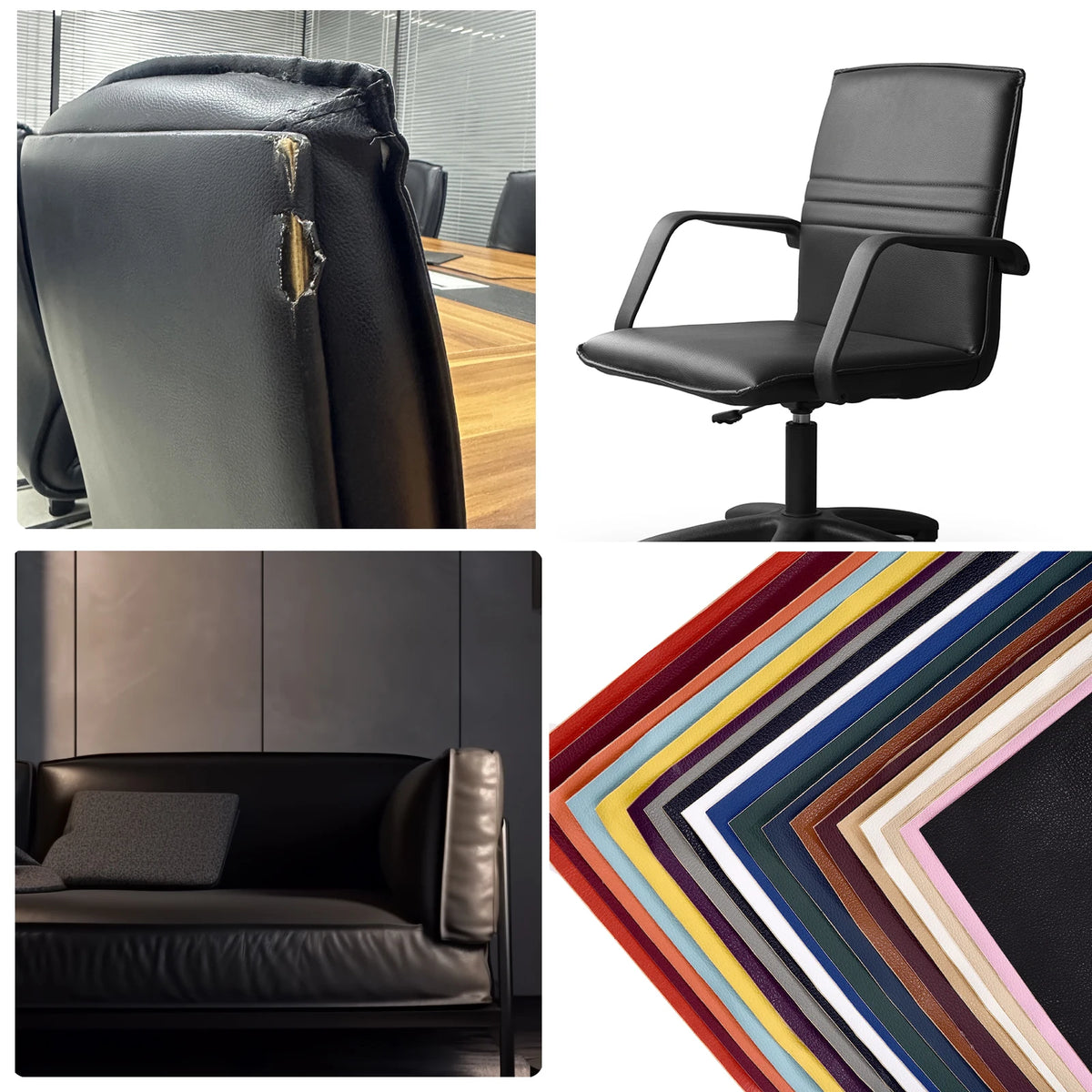 A black PU leather chair with a visible repair patch and a collection of fabric swatches.