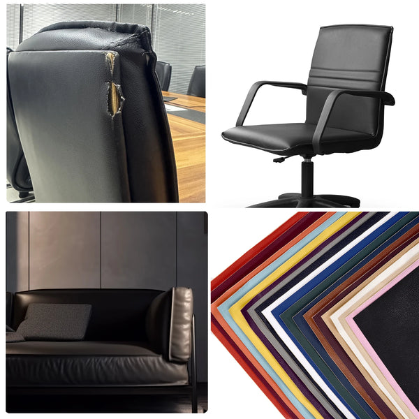 A black PU leather chair with a visible repair patch and a collection of fabric swatches.