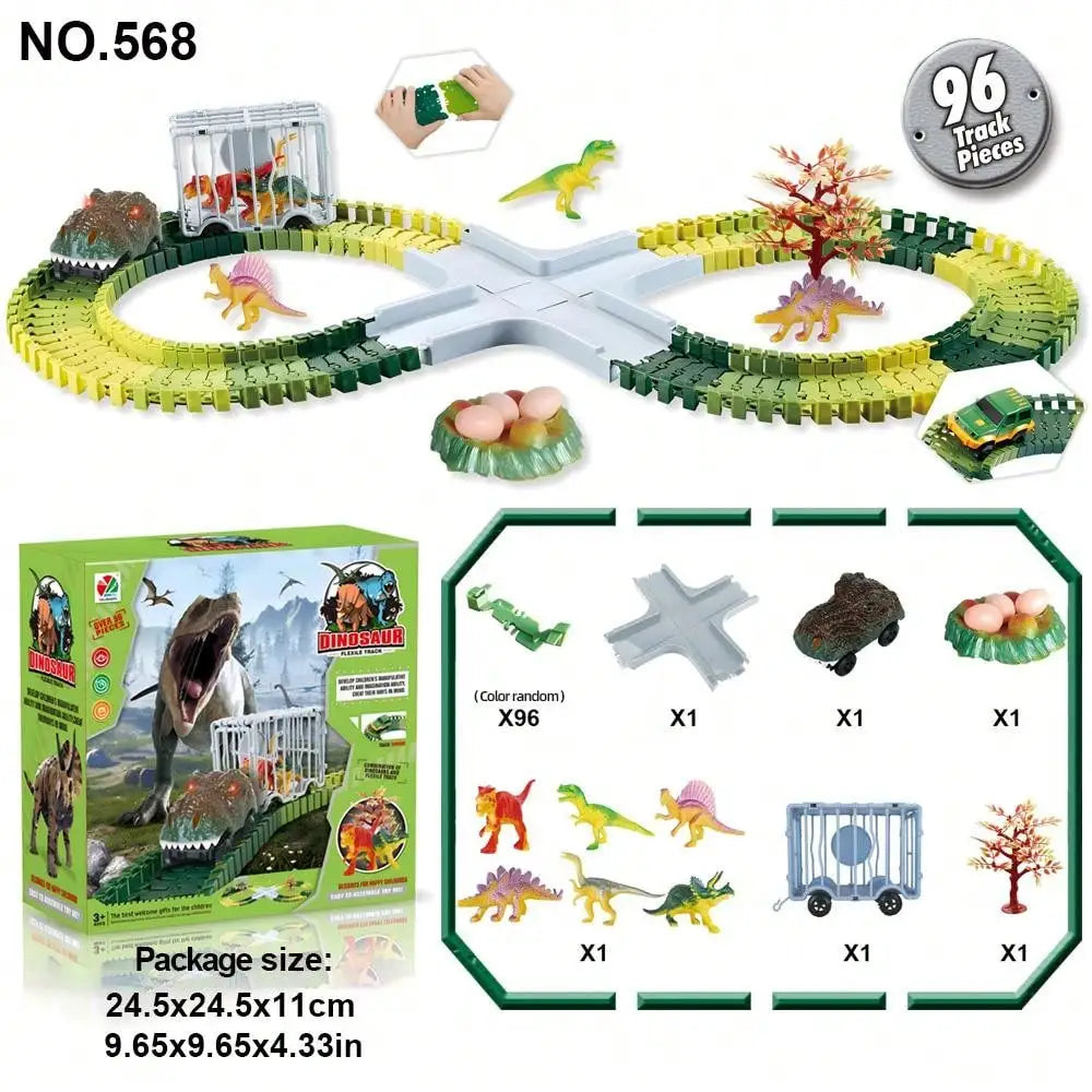 A set of 96 track pieces for building an LED glowing race car track featuring a police jeep toy.
