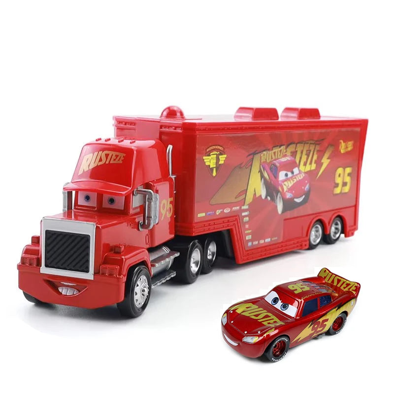 A red diecast toy hauler truck modeled after Rusteze from Cars 3