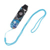 An adjustable tone kazoo with a lanyard featuring vibrant blue and white floral designs.