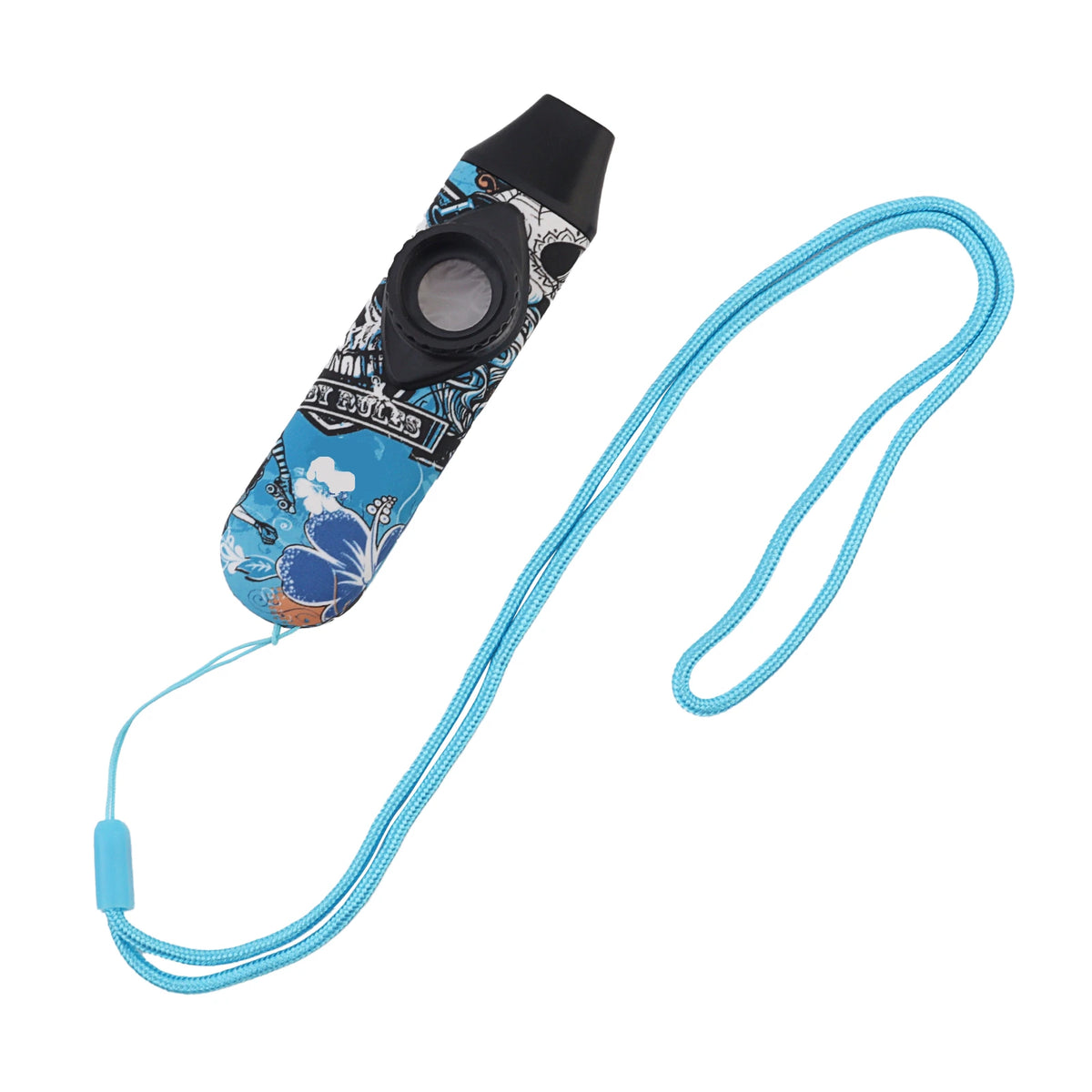 An adjustable tone kazoo with a lanyard featuring vibrant blue and white floral designs.