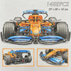 An exploded view drawing of an orange and blue 1:8 scale open-wheel racing car model kit with wheels and chassis components.