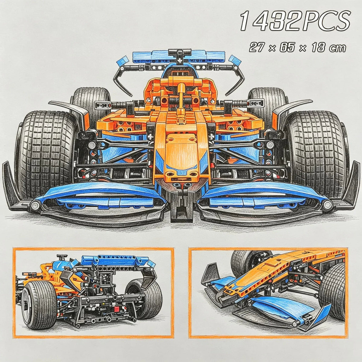 An exploded view drawing of an orange and blue 1:8 scale open-wheel racing car model kit with wheels and chassis components.