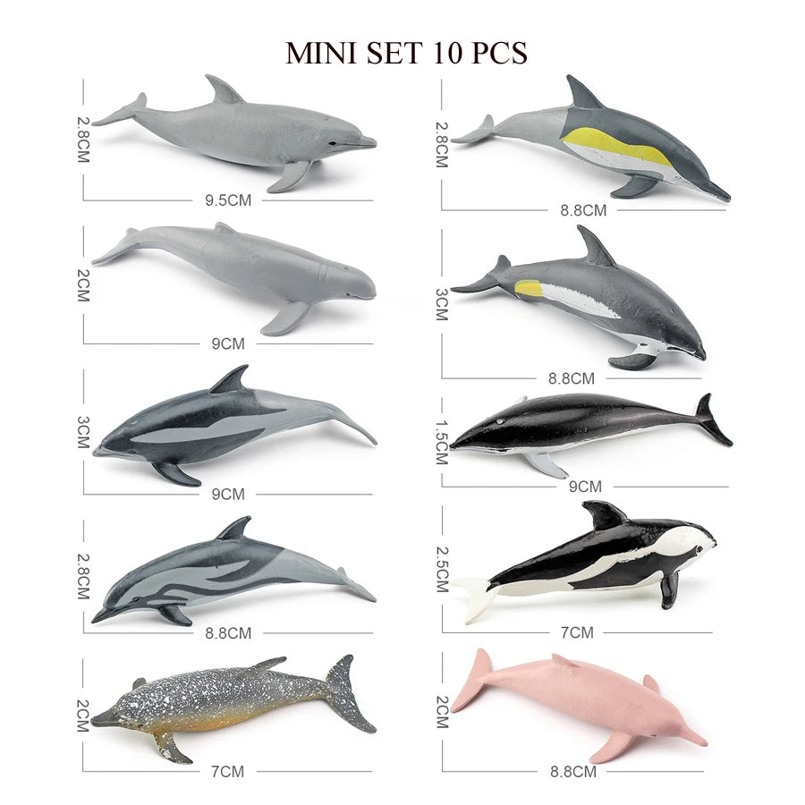 A mini set of 10 realistic ocean animal figurines including a whale, shark, dolphin, turtle, and penguin.