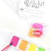 A set of cards featuring a lion illustration and watercolor paint color swatches.