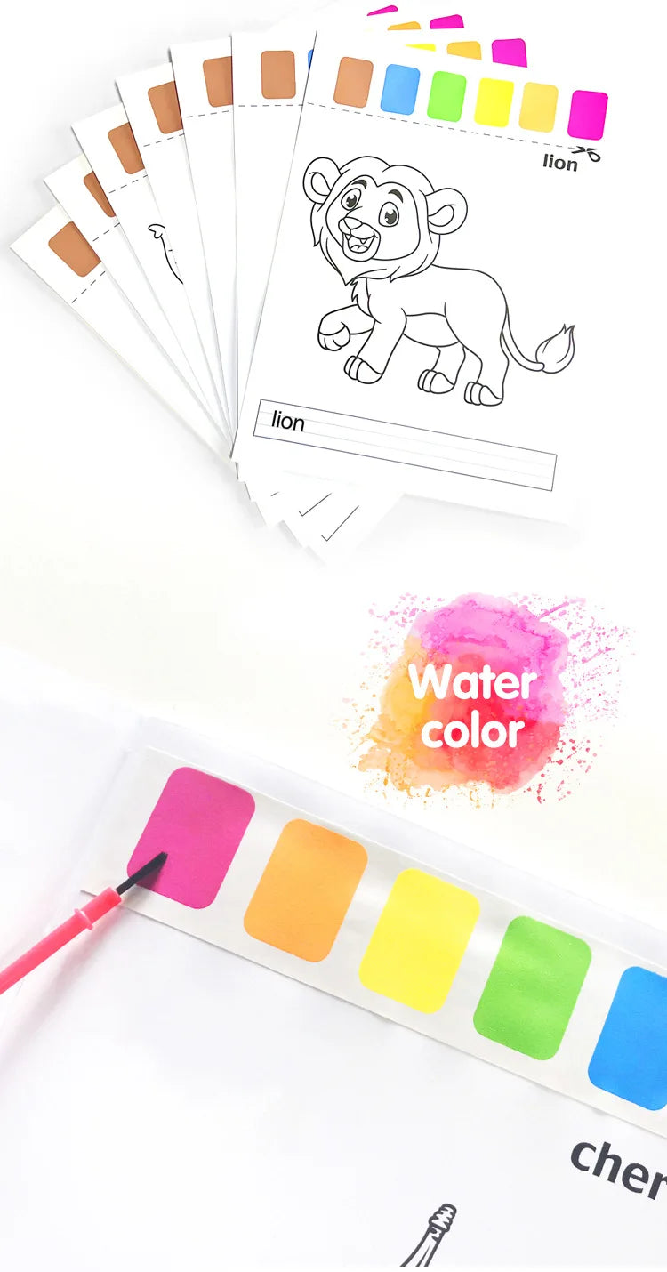 A set of cards featuring a lion illustration and watercolor paint color swatches.