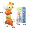 A yellow musical giraffe teether and rattle toy shown with various size measurements.
