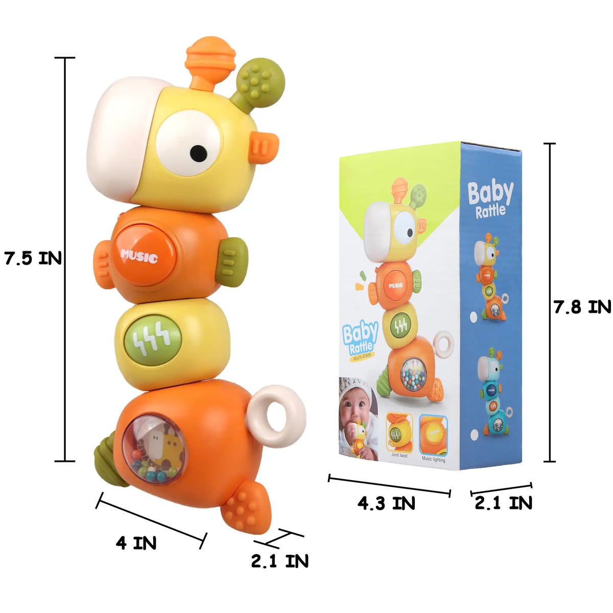 A yellow musical giraffe teether and rattle toy shown with various size measurements.