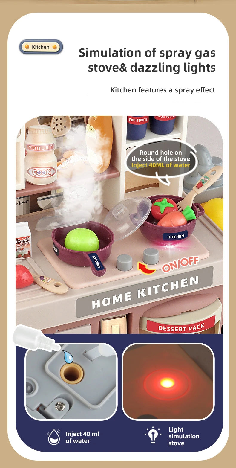 Simulation of spray gas stove and dazzling lights in a home kitchen play set