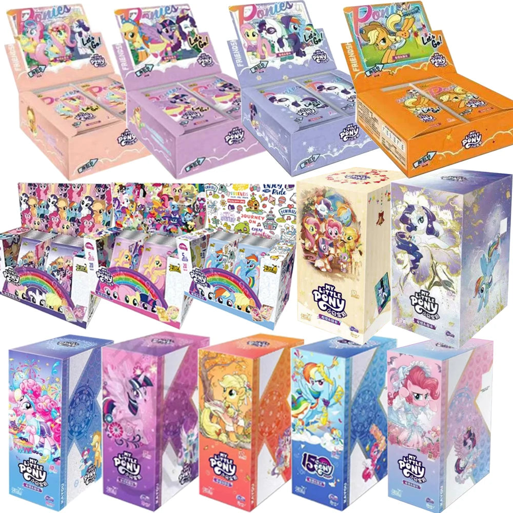 A collection of My Little Pony trading cards in various packaging and formats.