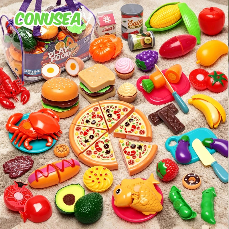 A colorful set of 81 pretend play food items including fruits vegetables and meats for kids