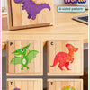 A set of wooden jigsaw puzzles featuring dinosaurs and other forest animals, including a purple dinosaur and an orange dinosa