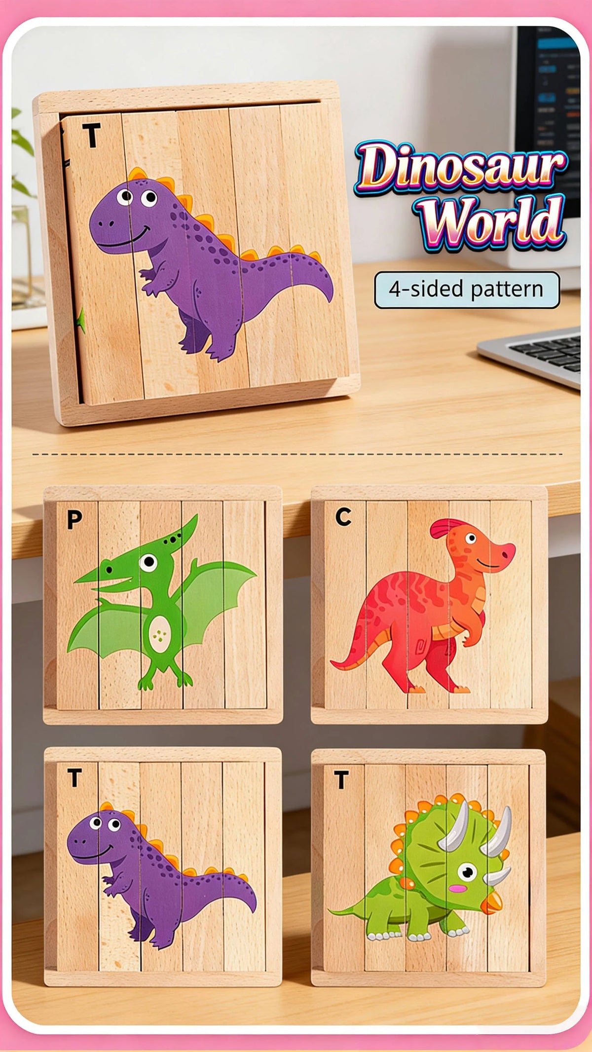 A set of wooden jigsaw puzzles featuring dinosaurs and other forest animals, including a purple dinosaur and an orange dinosa