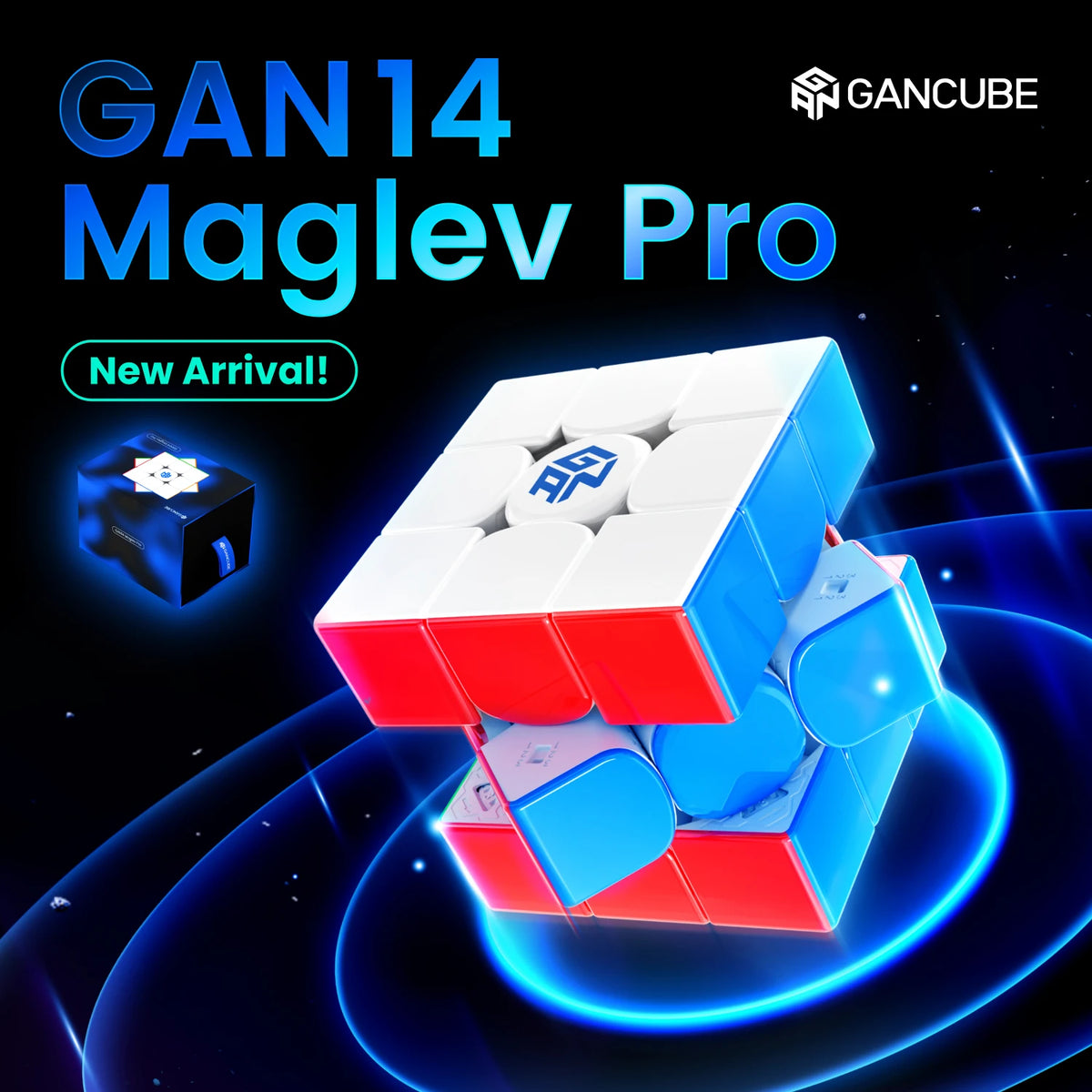 A white and blue GAN14 Maglev Pro speed cube is displayed against a dark, futuristic background.