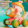 A bright orange and white cartoon character is shown with a bubble machine, surrounded by colorful lights and stable wheels.