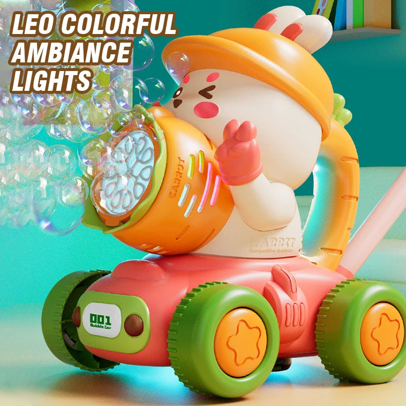 A bright orange and white cartoon character is shown with a bubble machine, surrounded by colorful lights and stable wheels.