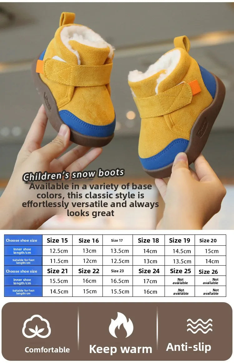 A pair of yellow children's snow boots being held, showing the comfortable and anti-slip features.
