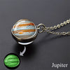 A pendant necklace featuring a polished, iridescent stone resembling Jupiter's atmosphere.