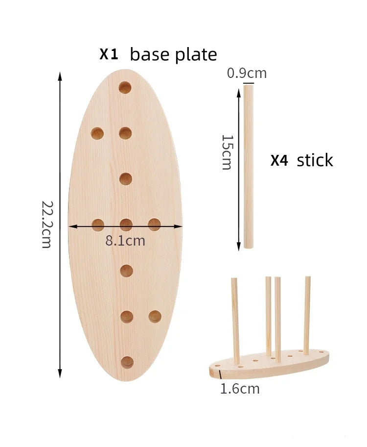 Wooden base plate with holes and four wooden sticks for making ribbon bows