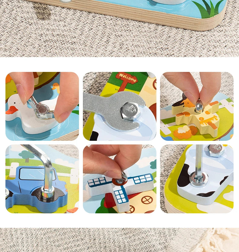 Farm Animal Wooden Screw Puzzle Toy Set with Child-Safe Tools