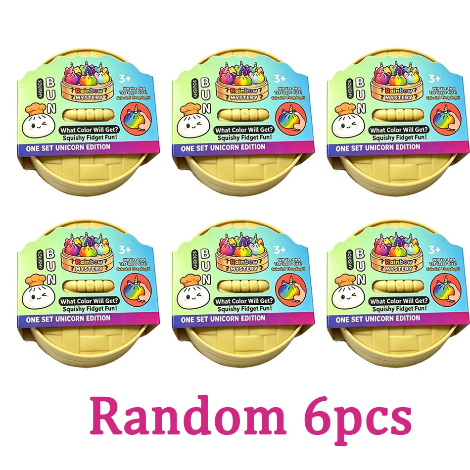 Six colorful unicorn bun squishy toys in various colors and designs for stress relief and sensory fidget fun