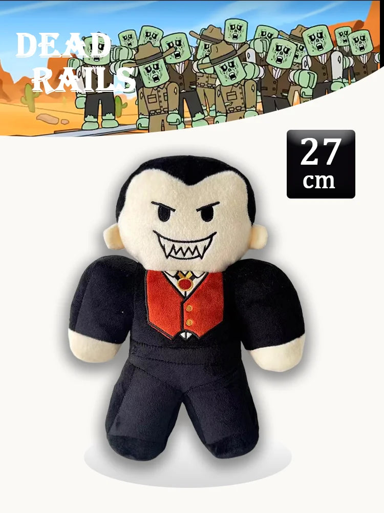 A black plush toy resembling a monster with sharp teeth and an angry expression.
