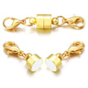 Gold-colored magnetic clasps for jewelry making featuring a hinged connector and a round stud.