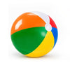 A brightly colored inflatable beach ball featuring stripes of orange, green, yellow, and blue.