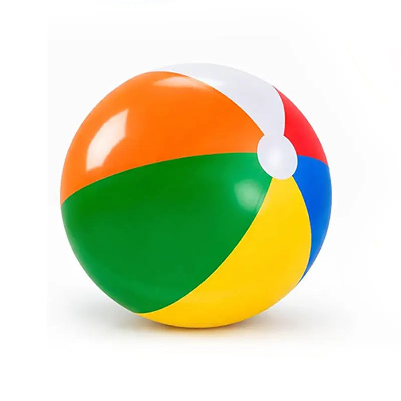 A brightly colored inflatable beach ball featuring stripes of orange, green, yellow, and blue.