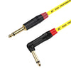 A yellow instrument guitar cable with a black and gold right-angle connector tip.
