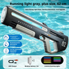 A black electric water gun with a blue light, showing features like pulse racing light show and water absorption.
