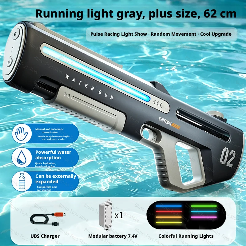 A black electric water gun with a blue light, showing features like pulse racing light show and water absorption.